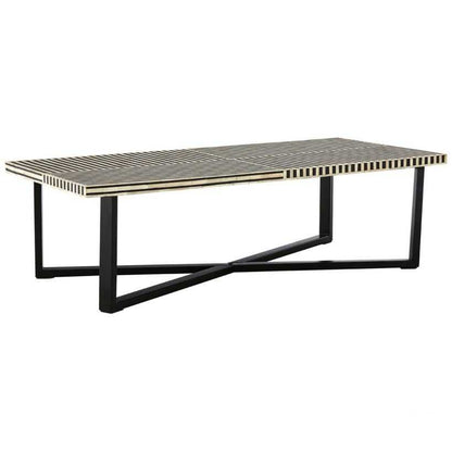 Bone Inlay Rectangle Coffee Table with Stripe Design With Iron Legs