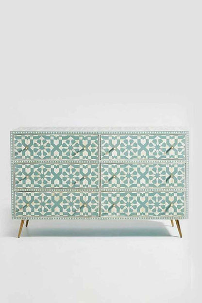 Moroccan Design Bone Inlay Six Drawers Dresser in Green Color | Custom Made Chest of Six Drawers