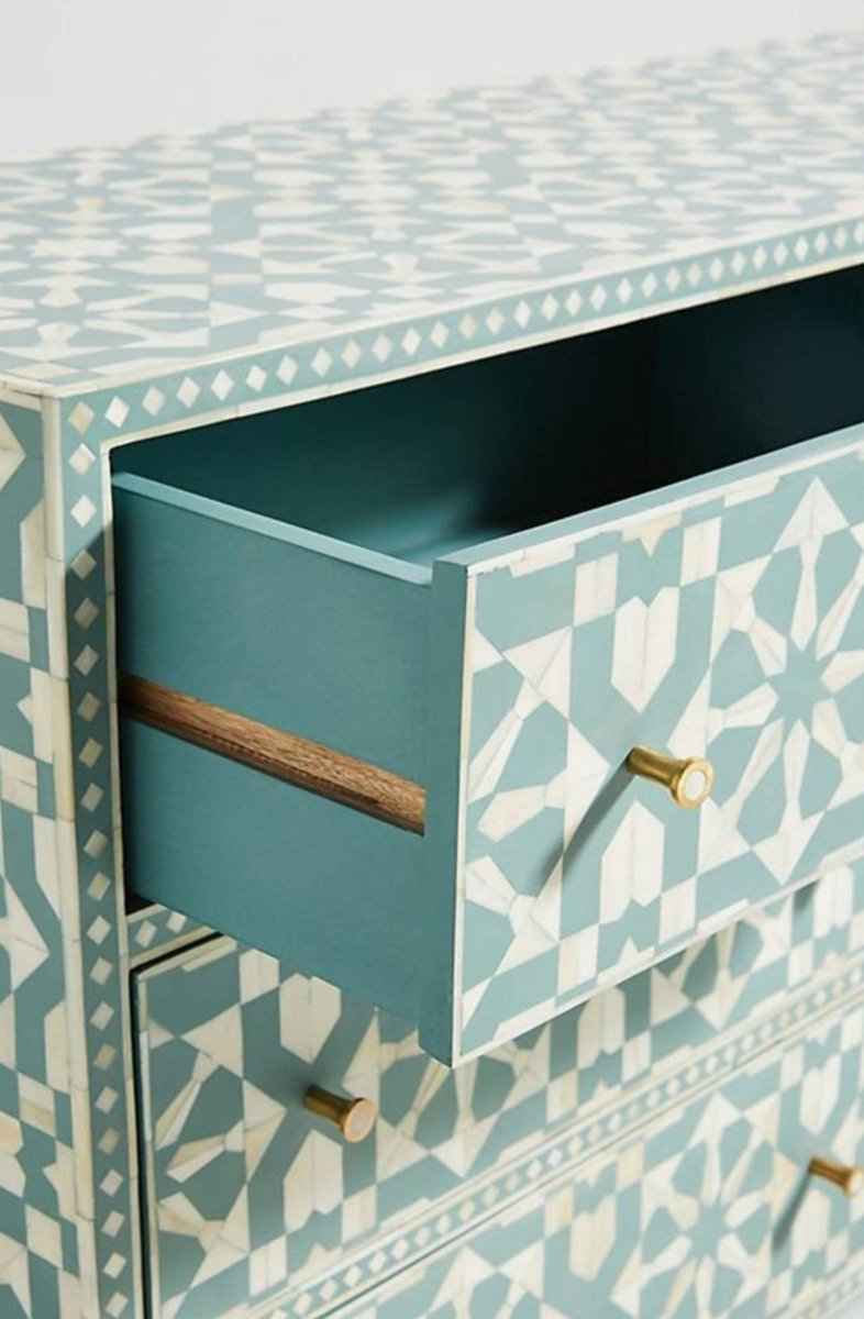 Moroccan Design Bone Inlay Six Drawers Dresser in Green Color | Custom Made Chest of Six Drawers