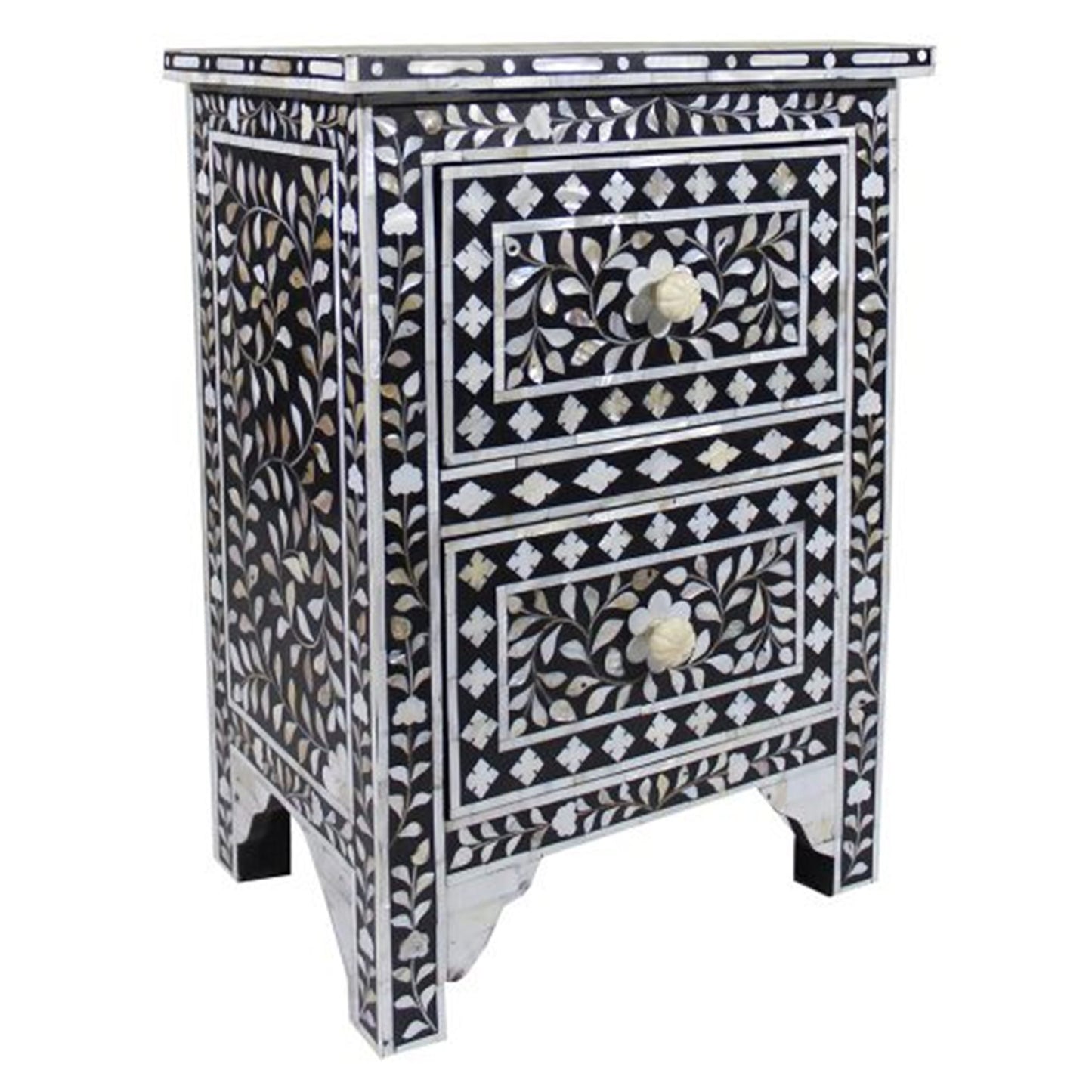 Mother of Pearl Inlay Floral Design With 2 Drawers Bedside Table , Mother of Pearl Inlay Floral Design Nightstand Table , Mother of Pearl Inlay Storage, Bedroom Furniture