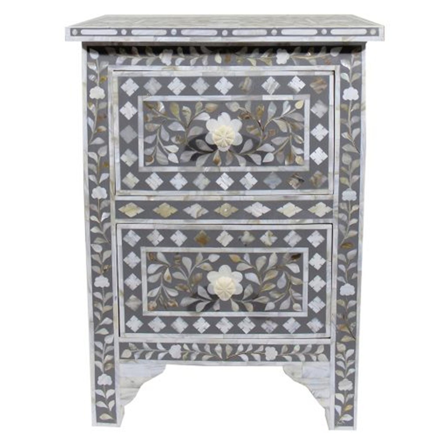 Mother of Pearl Inlay Floral Design With 2 Drawers Bedside Table , Mother of Pearl Inlay Floral Design Nightstand Table , Mother of Pearl Inlay Storage, Bedroom Furniture