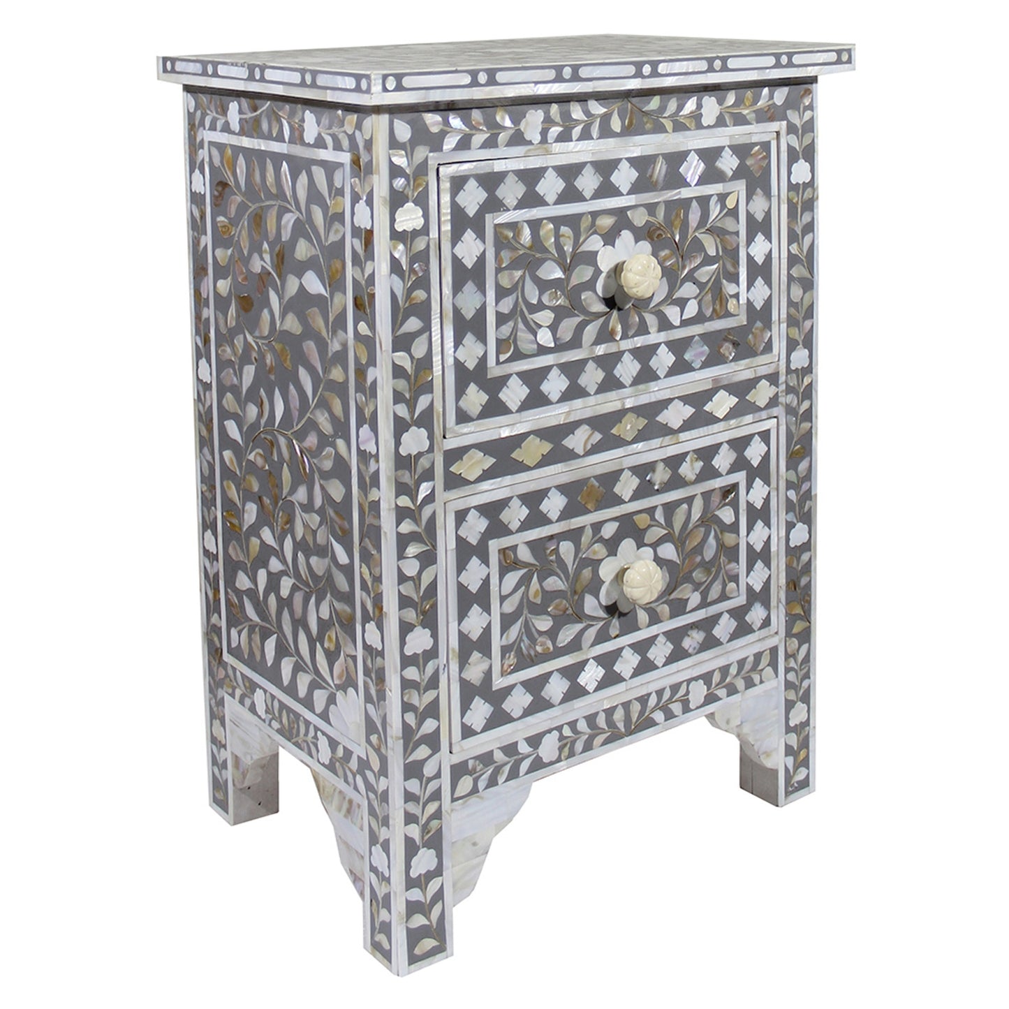 Mother of Pearl Inlay Floral Design With 2 Drawers Bedside Table , Mother of Pearl Inlay Floral Design Nightstand Table , Mother of Pearl Inlay Storage, Bedroom Furniture