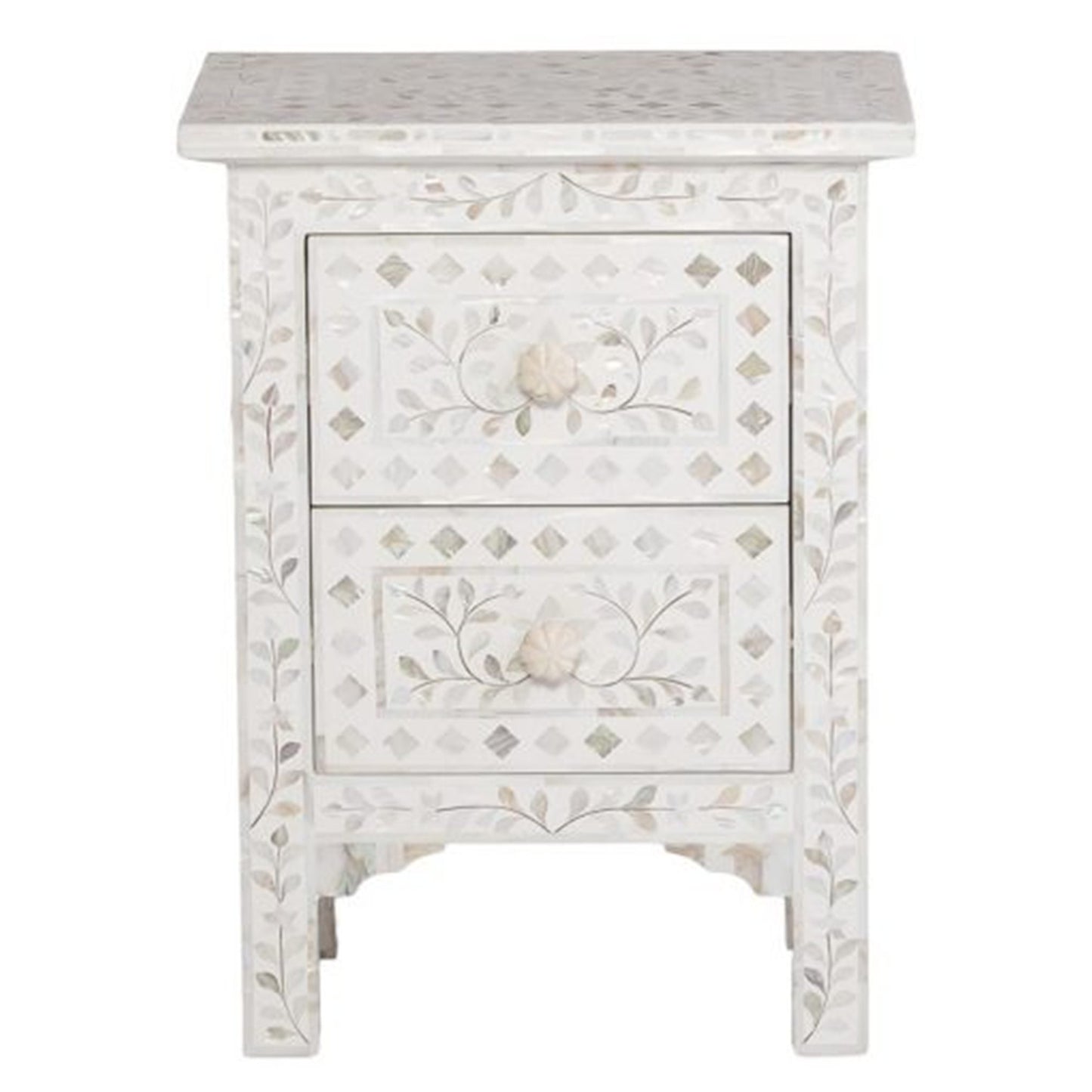 Mother of Pearl Inlay Floral Design With 2 Drawers Bedside Table , Mother of Pearl Inlay Floral Design Nightstand Table , Mother of Pearl Inlay Storage, Bedroom Furniture