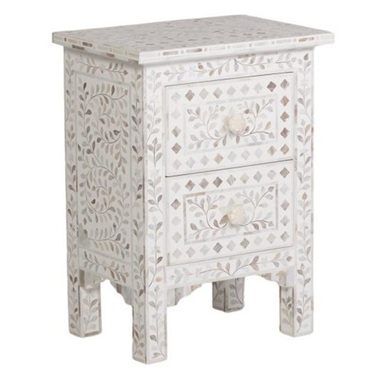 Mother of Pearl Inlay Floral Design With 2 Drawers Bedside Table , Mother of Pearl Inlay Floral Design Nightstand Table , Mother of Pearl Inlay Storage, Bedroom Furniture