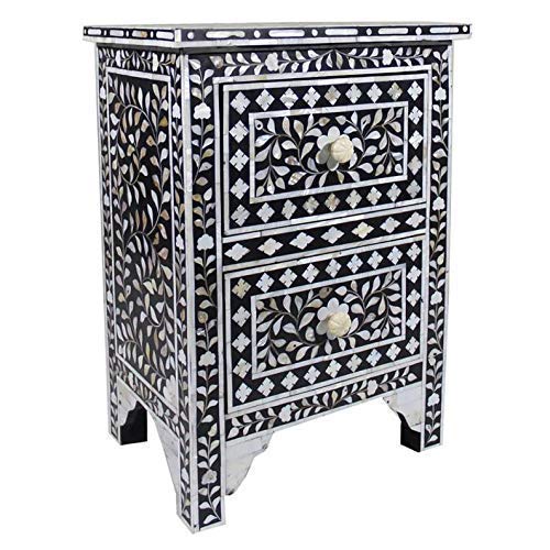 Mother of Pearl Inlay Floral Design With 2 Drawers Bedside Table Black, Mother of Pearl Inlay Floral Design Nightstand Table , Mother of Pearl Inlay Storage, Bedroom Furniture