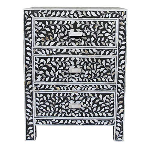 Mother of Pearl Inlay Floral Design With 3 Drawers Bedside Table Black, Mother of Pearl Inlay Floral Design Nightstand Table Blue, Mother of Pearl Inlay Storage, Bedroom Furniture