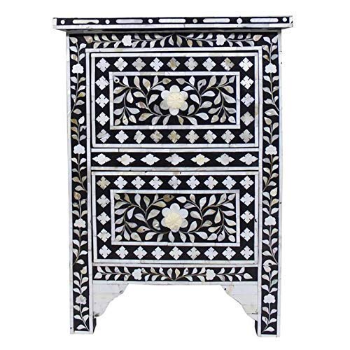 Mother of Pearl Inlay Floral Design With 2 Drawers Bedside Table Black, Mother of Pearl Inlay Floral Design Nightstand Table , Mother of Pearl Inlay Storage, Bedroom Furniture