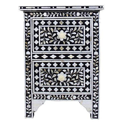 Mother of Pearl Inlay Floral Design With 2 Drawers Bedside Table Black, Mother of Pearl Inlay Floral Design Nightstand Table , Mother of Pearl Inlay Storage, Bedroom Furniture