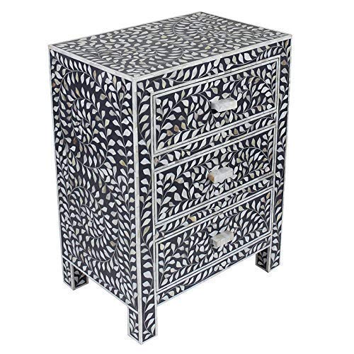 Mother of Pearl Inlay Floral Design With 3 Drawers Bedside Table Blue, Mother of Pearl Inlay Floral Design Nightstand Table Blue, Mother of Pearl Inlay Storage, Bedroom Furniture