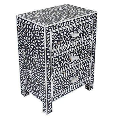 Mother of Pearl Inlay Floral Design With 3 Drawers Bedside Table Black, Mother of Pearl Inlay Floral Design Nightstand Table Blue, Mother of Pearl Inlay Storage, Bedroom Furniture