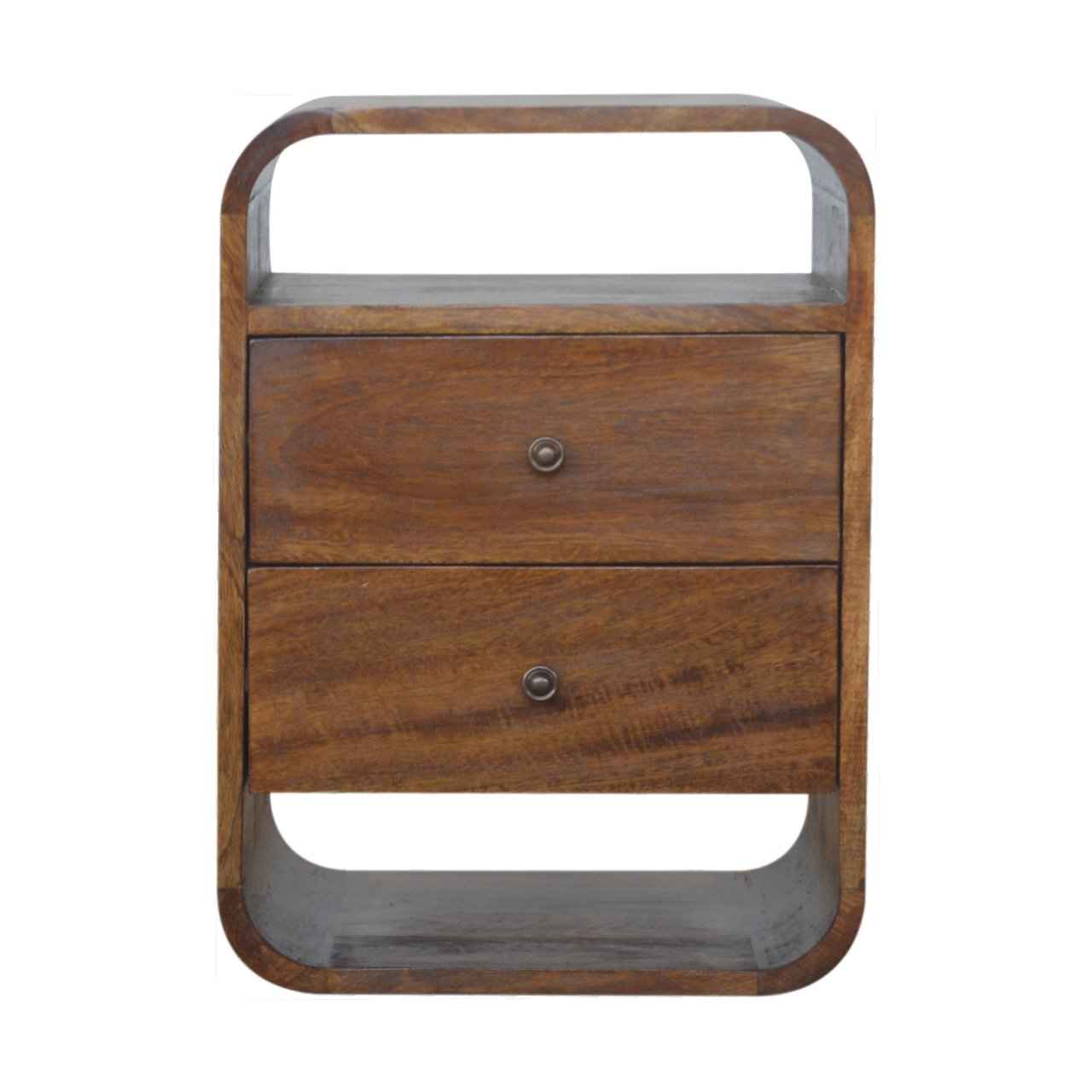 CURVED SIDE TABLE | CHESTNUT | 2 DRAWERS - OPEN SHELF