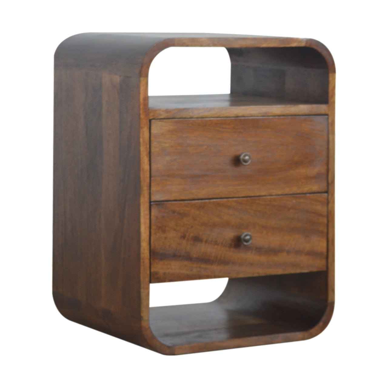 CURVED SIDE TABLE | CHESTNUT | 2 DRAWERS - OPEN SHELF
