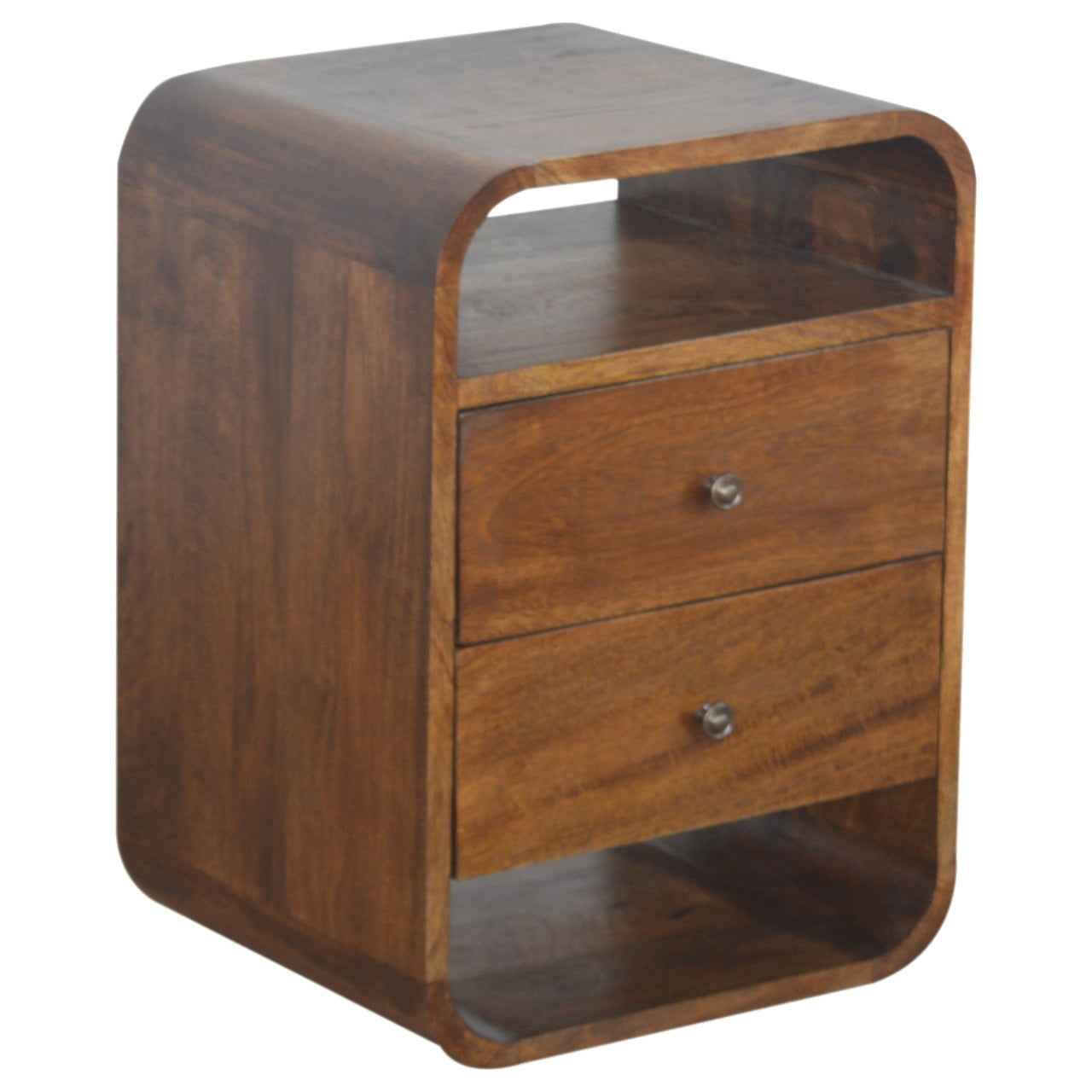 CURVED SIDE TABLE | CHESTNUT | 2 DRAWERS - OPEN SHELF