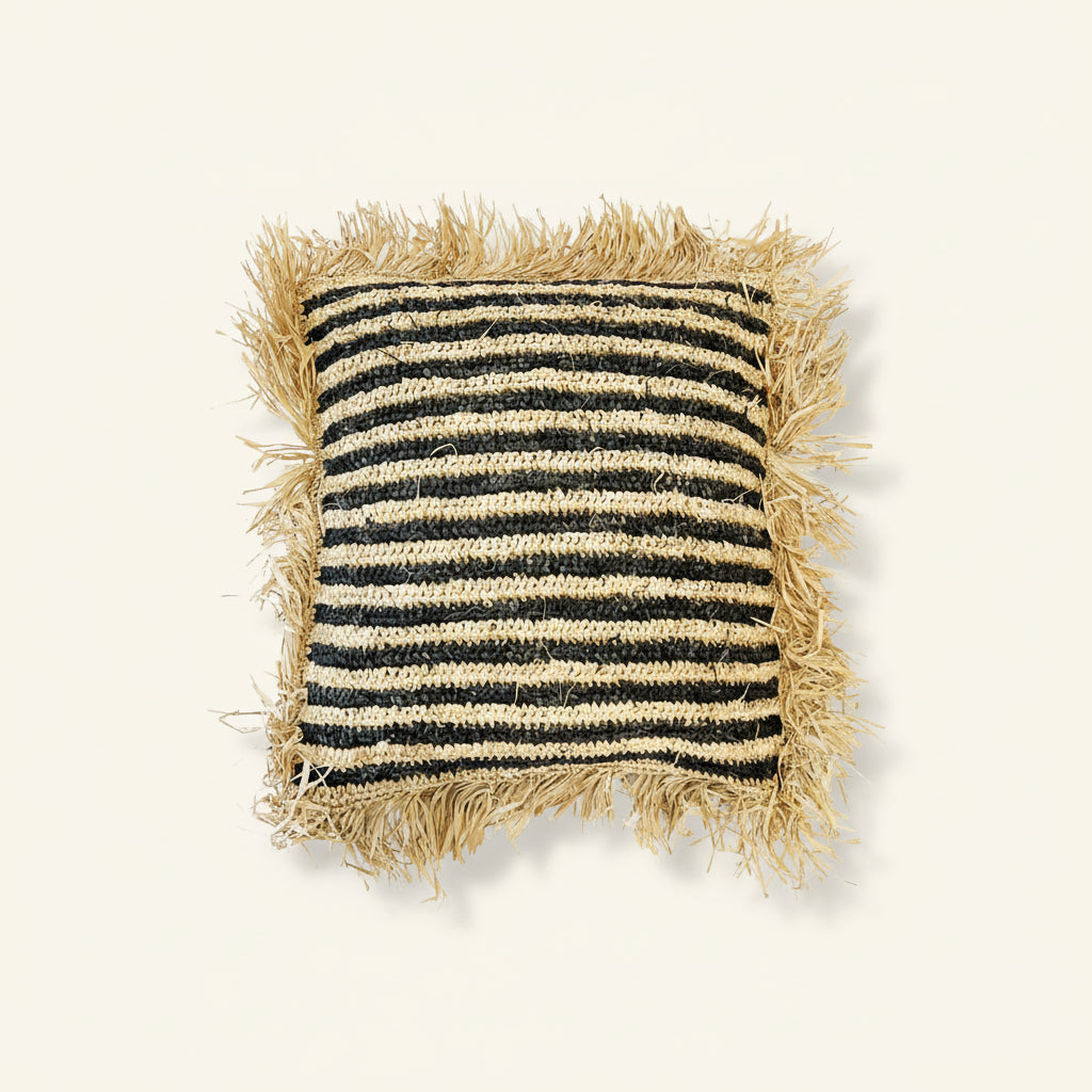 RAFFIA STRIPED CUSHION COVER | NATURAL + BLACK | 60 x 60 CM