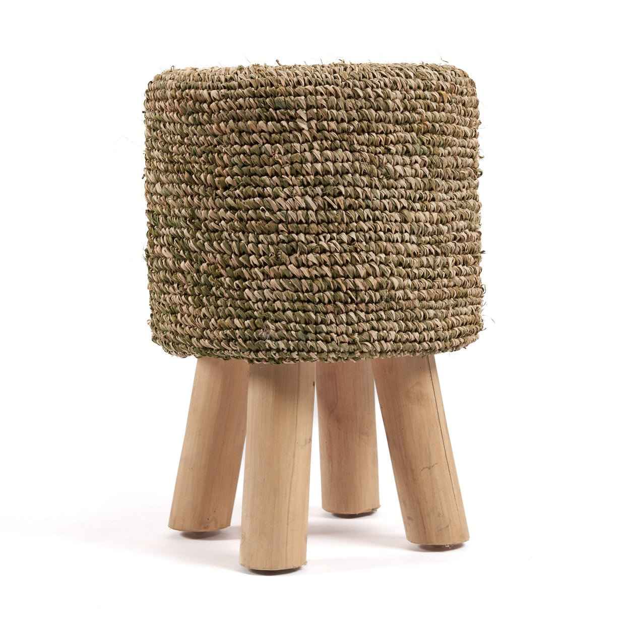 RAFFIA TRESSED STOOL | RECLAIMED TEAK | JUNGLE GREEN