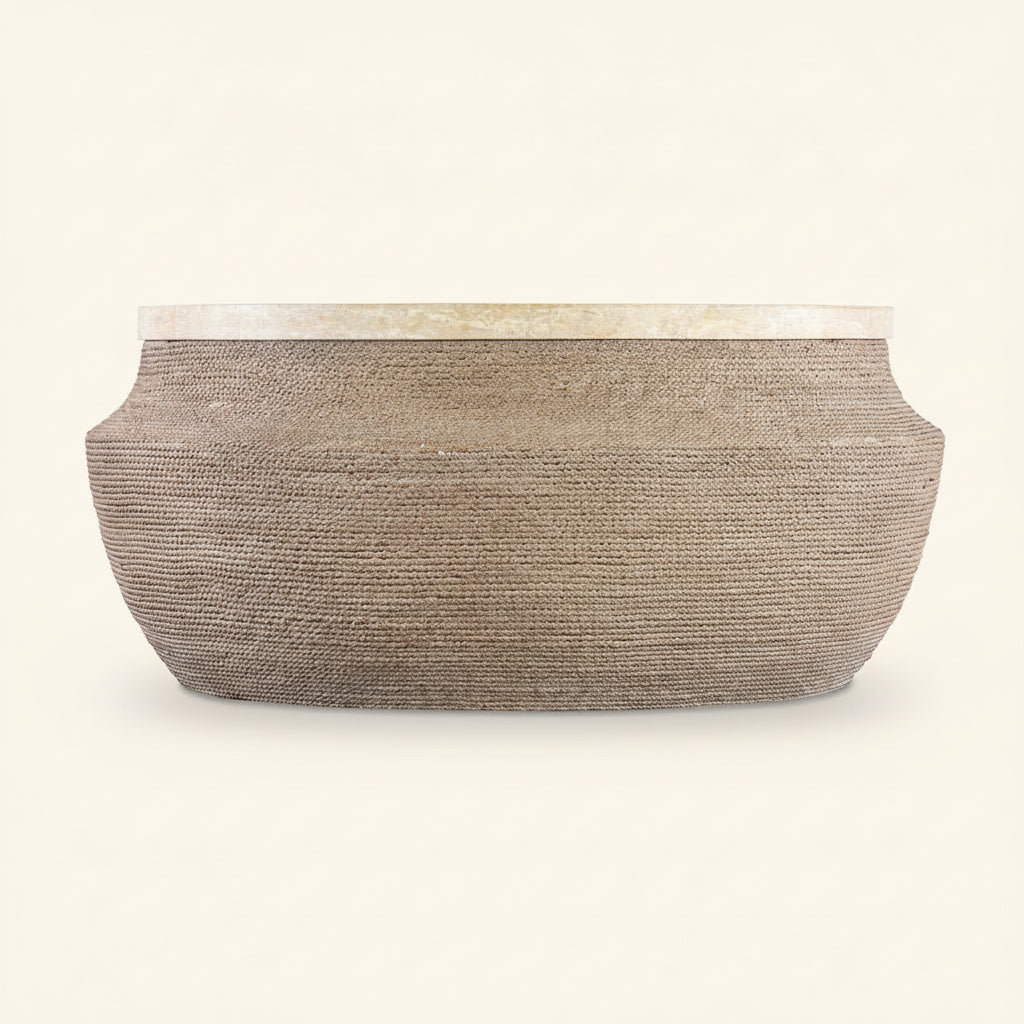 ROPED ROUND TRAVERTINE TOP COCKTAIL TABLE