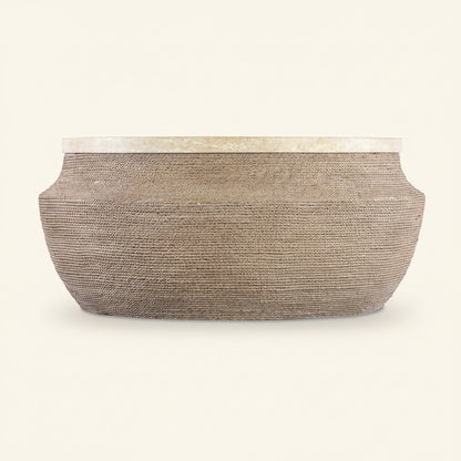 ROPED ROUND TRAVERTINE TOP COCKTAIL TABLE