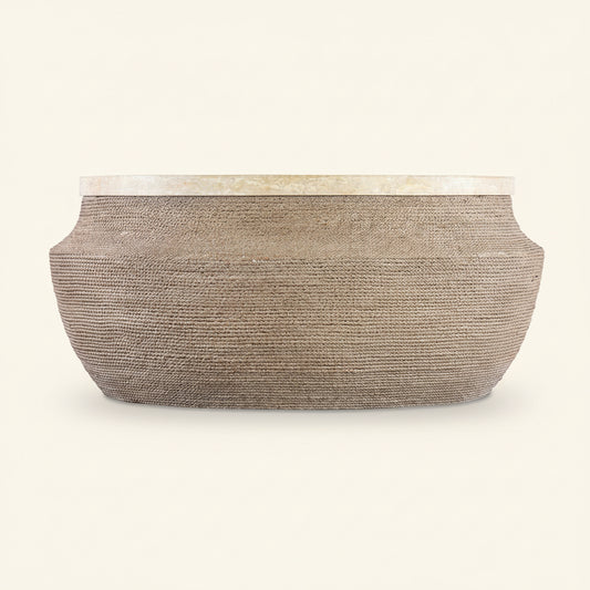 ROPED ROUND TRAVERTINE TOP COCKTAIL TABLE