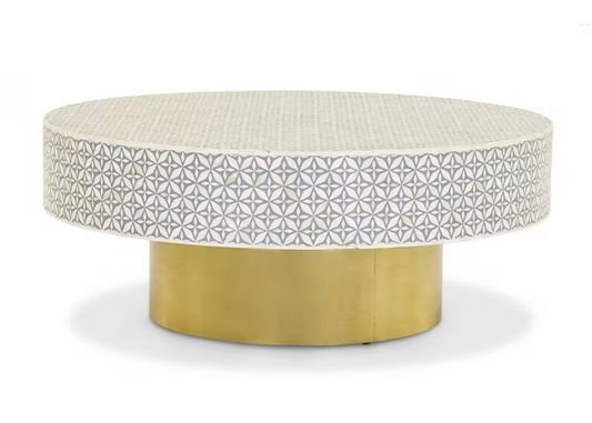 Bone Inlay Round Coffee Table for Home Floral Centre Table with Brass Cladded base by Hansa Handicraft