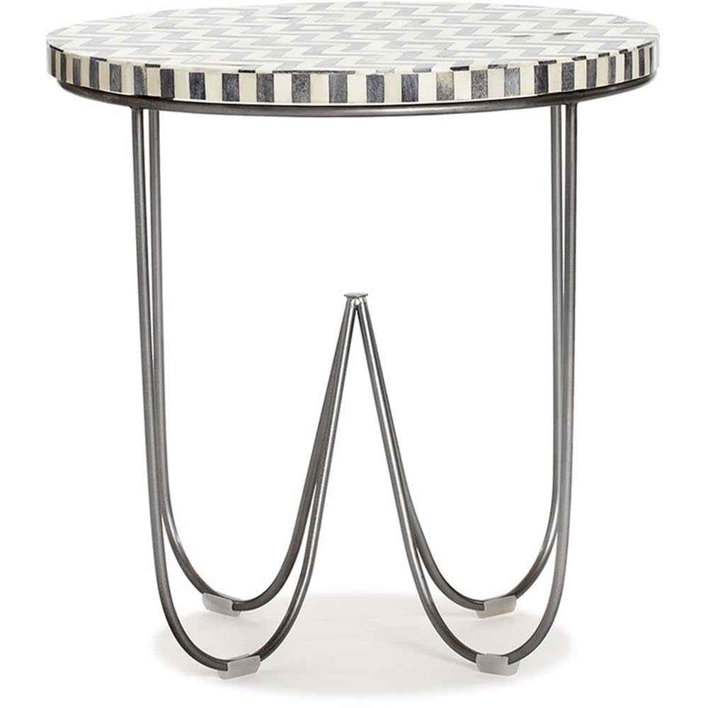 Zahra Round Side Table, Solid Bone Inlay Top with Curved Metal Legs, Modern E...