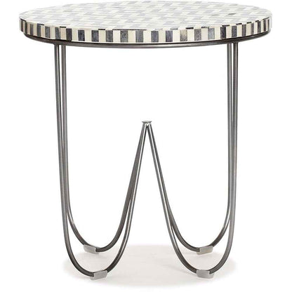 Zahra Round Side Table, Solid Bone Inlay Top with Curved Metal Legs, Modern E...