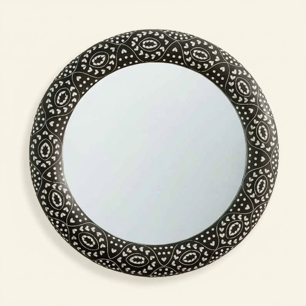 Bone Inlay Round Mirror Frame, Modish Black Floral Pattern