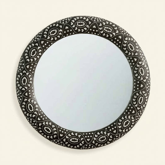 Bone Inlay Round Mirror Frame, Modish Black Floral Pattern