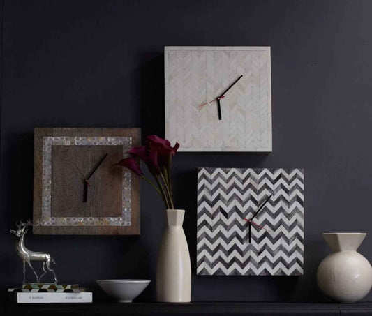 Bone Inlay Wall Clock | Chevron Design White and Grey Clock | Wall Decor Clock