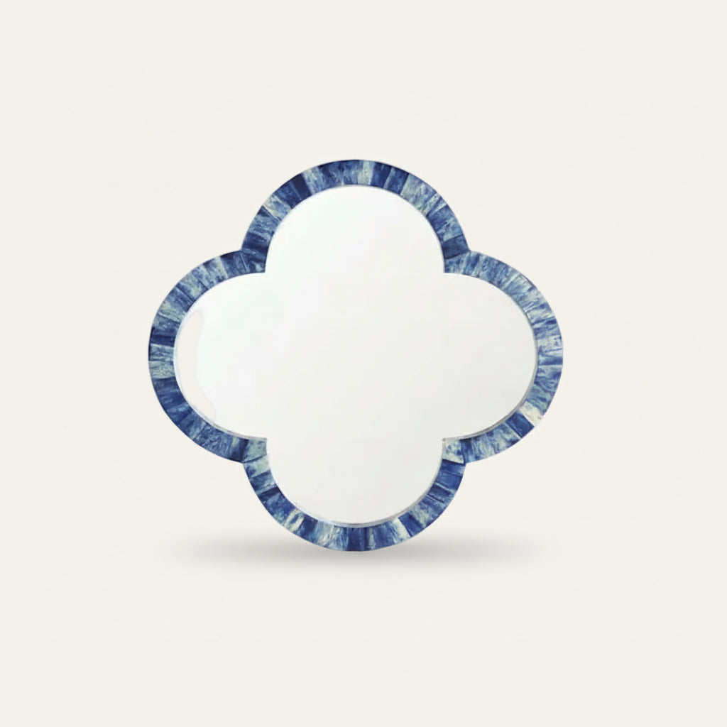 Bone Inlay Round Mirror Frame, Modish Blue Floral Pattern