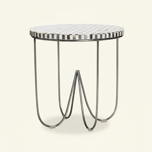 Zahra Round Side Table, Solid Bone Inlay Top with Curved Metal Legs, Modern E...