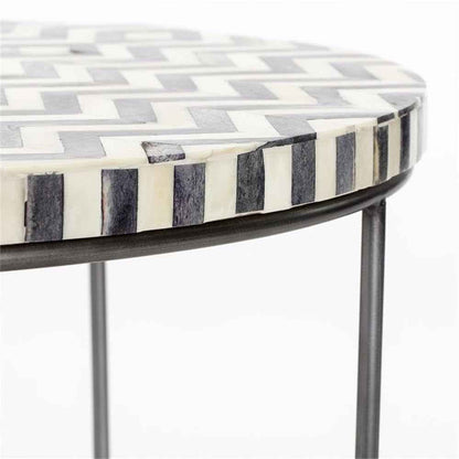 Zahra Round Side Table, Solid Bone Inlay Top with Curved Metal Legs, Modern E...