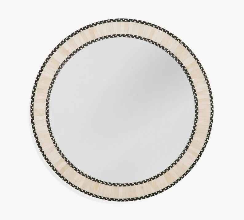 Bone Inlay Round Modish Mirror Frame White Stripe Pattern