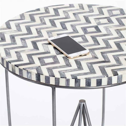 Zahra Round Side Table, Solid Bone Inlay Top with Curved Metal Legs, Modern E...