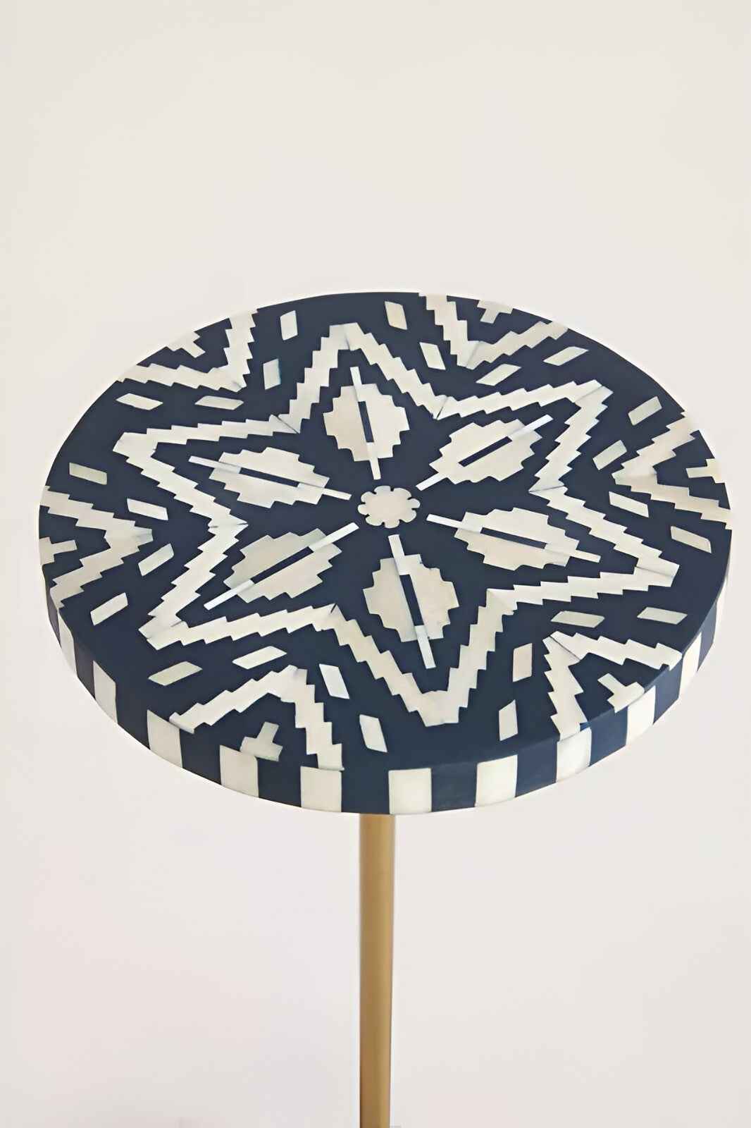 Handmade Bone Inlay Drink Table - Black and White Ikat Pattern | Pedestal Table