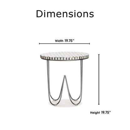 Zahra Round Side Table, Solid Bone Inlay Top with Curved Metal Legs, Modern E...