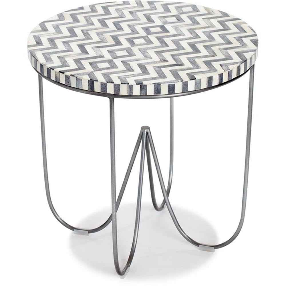 Zahra Round Side Table, Solid Bone Inlay Top with Curved Metal Legs, Modern E...