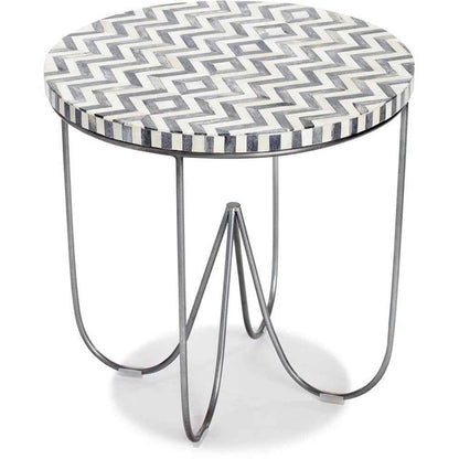 Zahra Round Side Table, Solid Bone Inlay Top with Curved Metal Legs, Modern E...
