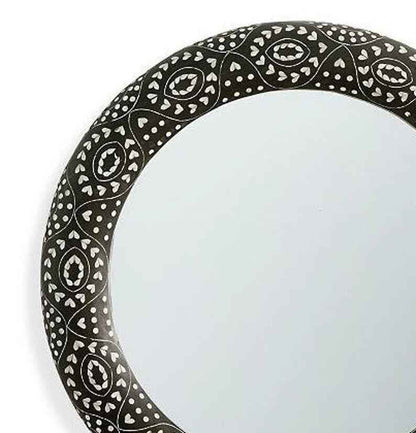 Bone Inlay Round Mirror Frame, Modish Black Floral Pattern