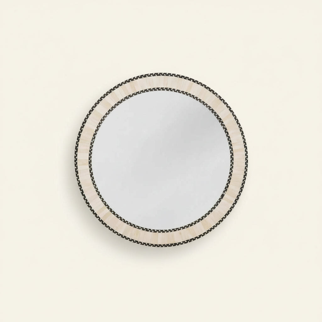 Bone Inlay Round Modish Mirror Frame White Stripe Pattern