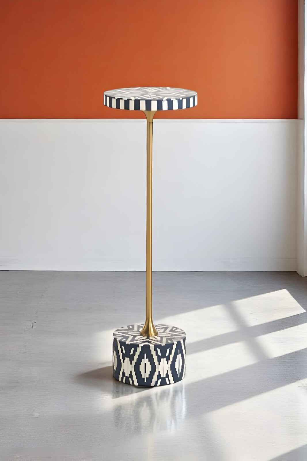 Handmade Bone Inlay Drink Table - Black and White Ikat Pattern | Pedestal Table