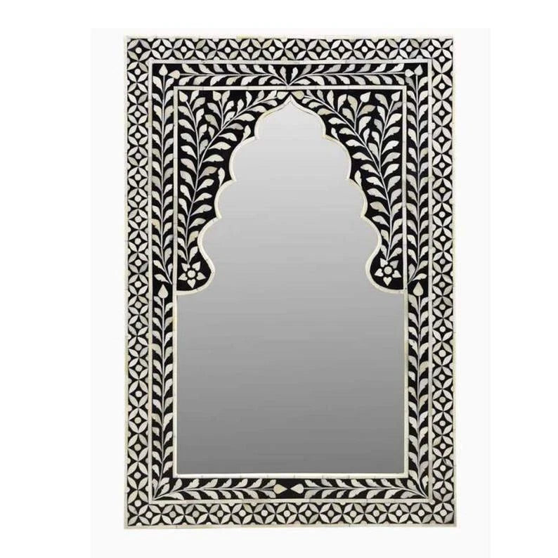 Bone Inlay Mirror Frame Handmade Decor Mehrab Floral Design Wood Frame Entryway, Hallway, Living Room, Closet Mirror