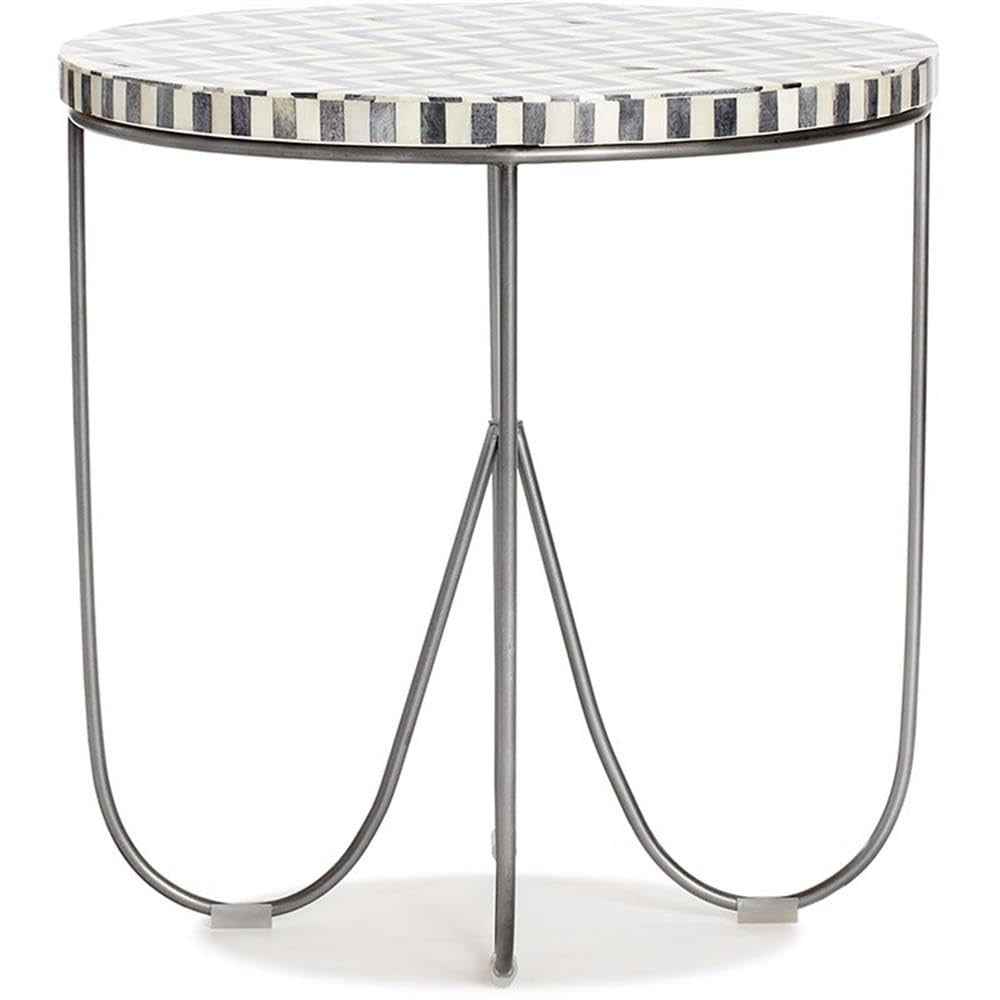 Zahra Round Side Table, Solid Bone Inlay Top with Curved Metal Legs, Modern E...