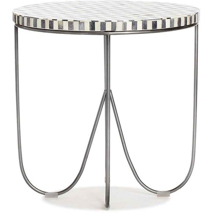 Zahra Round Side Table, Solid Bone Inlay Top with Curved Metal Legs, Modern E...