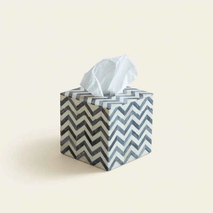 Handmade natural bone inlay tissue box 5.5 inch square with ivory chevron zig zag pattern