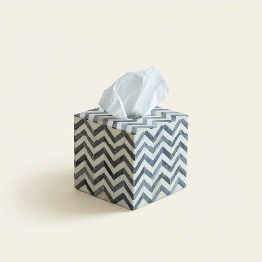 Handmade natural bone inlay tissue box 5.5 inch square with ivory chevron zig zag pattern