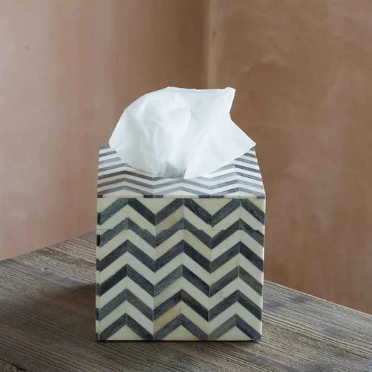 Handmade natural bone inlay tissue box 5.5 inch square with ivory chevron zig zag pattern