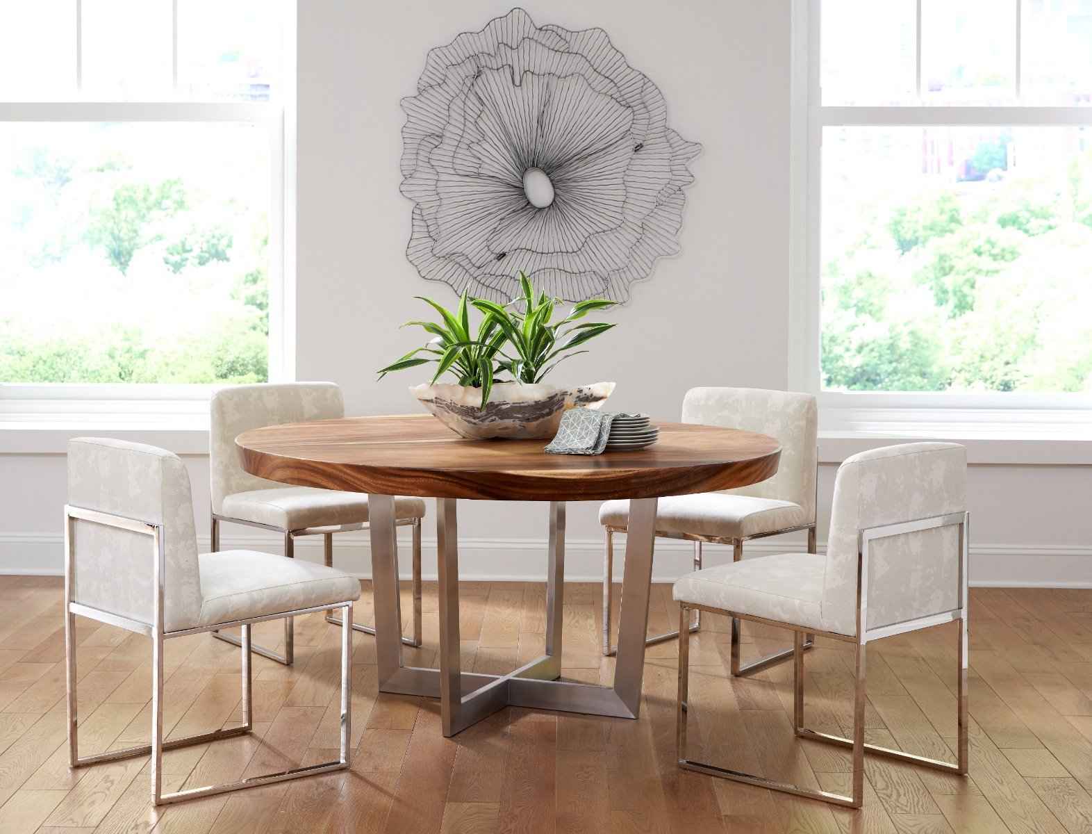 CHULETA ROUND DINING TABLE ON STAINLESS STEEL BASE, NATURAL