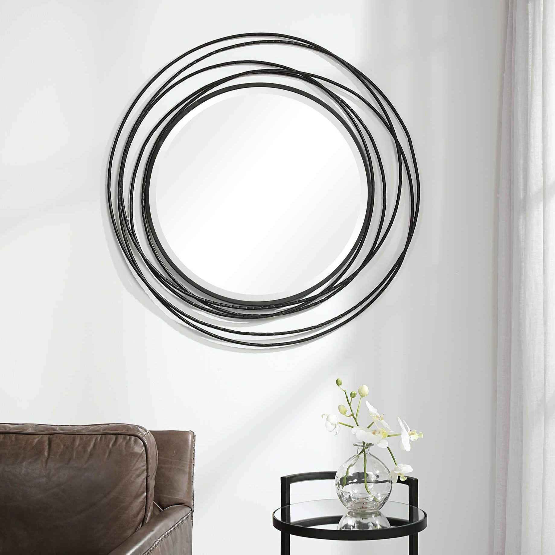 WHIRLWIND BLACK IRON ROUND MIRROR
