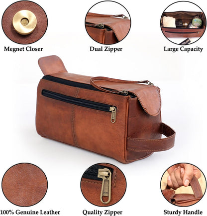 Hansa Genuine Leather Toiletry Bag Large Dopp Kit for Men & Women Travel Pouch Cosmetic Organizer Best Toiletries Bags for Bathroom and Traveling