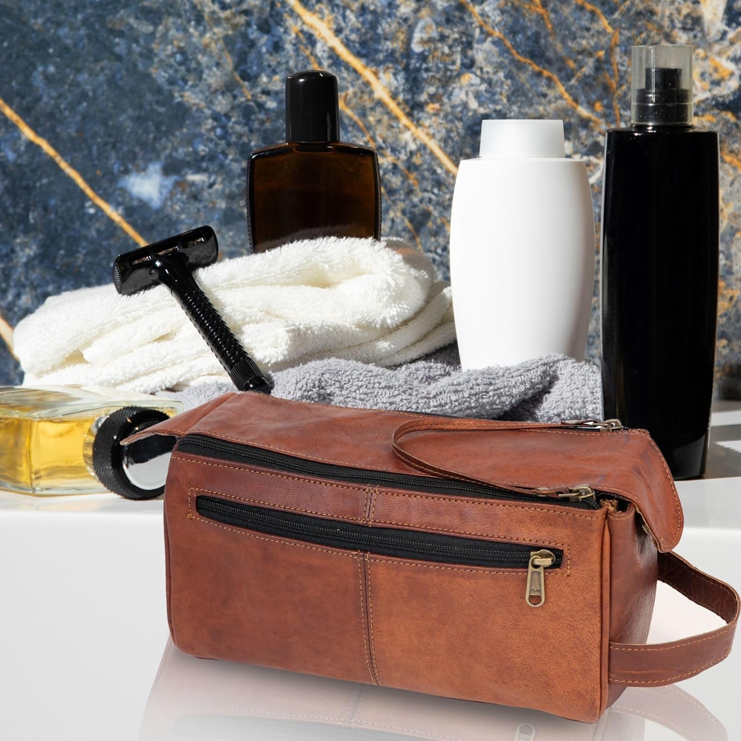 best men's travel bag for toiletries Hansa Genuine Leather Toiletry Bag Large Dopp Kit for Men & Women Travel Pouch Cosmetic Organizer